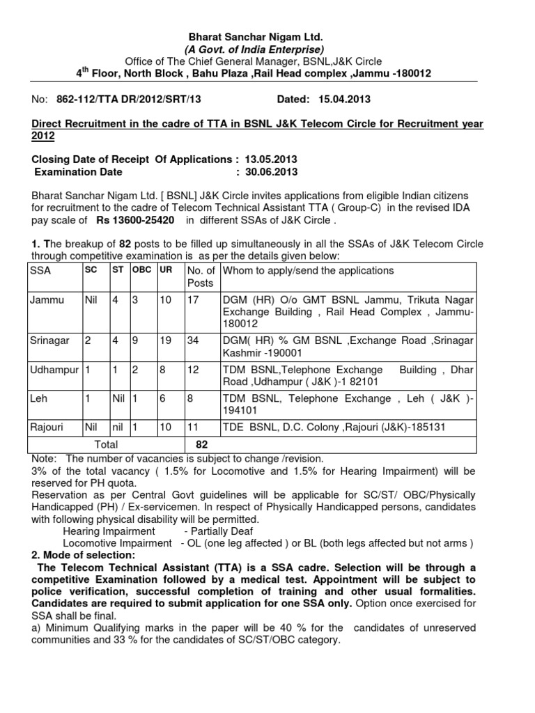 bsnl tta recruitment 2013 notification